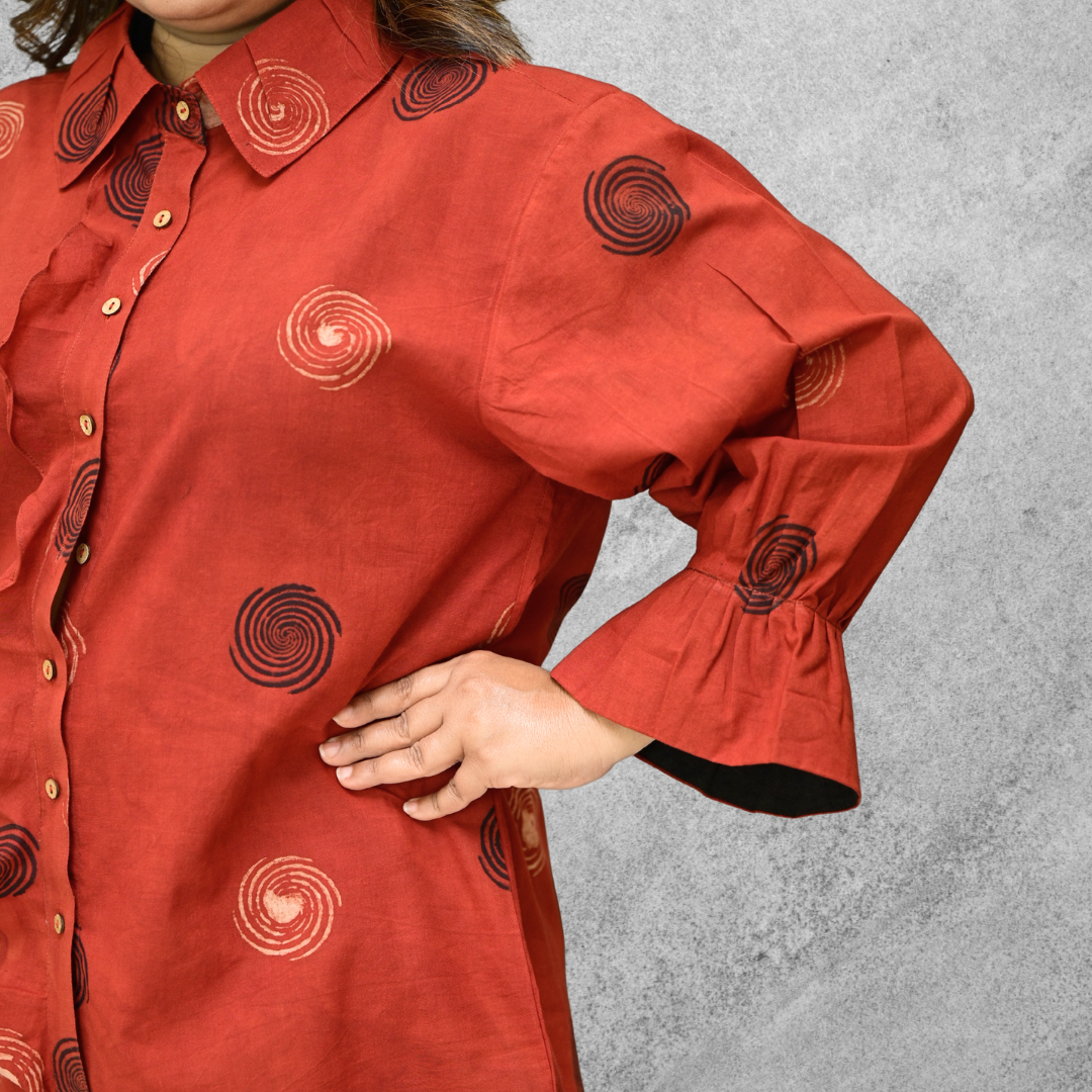 Radiating Red ruffle cotton shirt