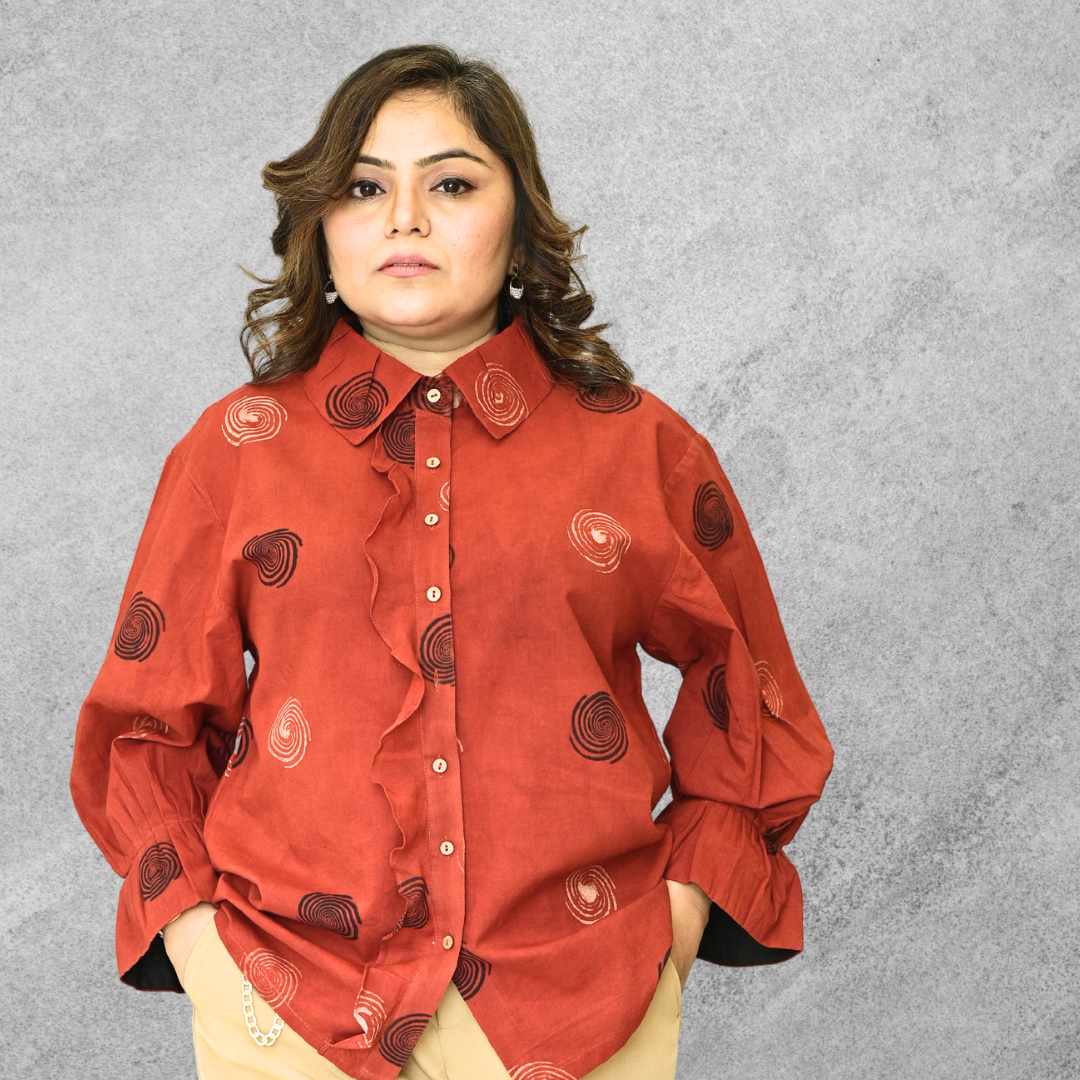 Radiating Red ruffle cotton shirt
